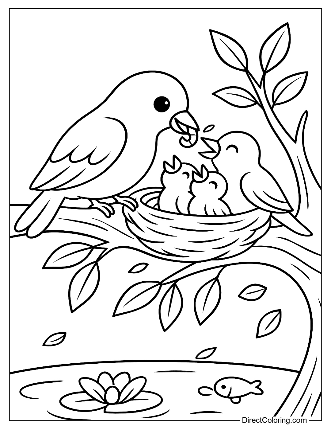 Coloring page A family of birds in the nest, the mother bird is feeding the baby birds